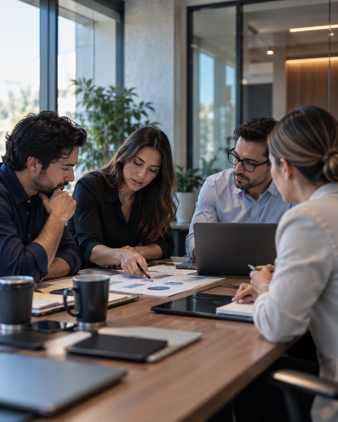 Equipo ejecutivo revisando estrategia de riesgo y ciberseguridad